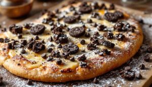 Questa pizza dolce con biscotti al cioccolato, soffice e golosa, profuma di forno e d’infanzia felice, e conquista tutti al primo assaggio