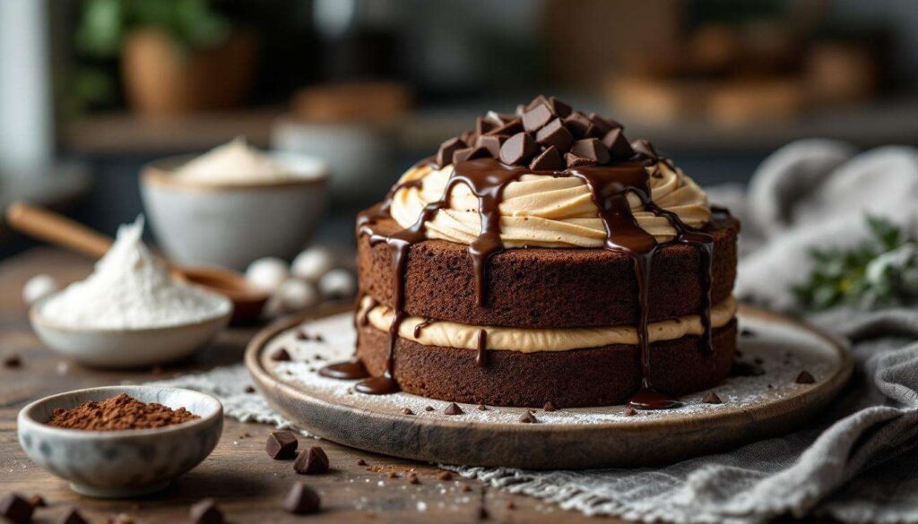 Pan di Spagna al cacao con crema al caffè e cioccolato fuso, dolce comfort food