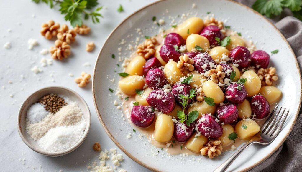 Gnocchi di barbabietola con gorgonzola e noci: cremosi, colorati e facili