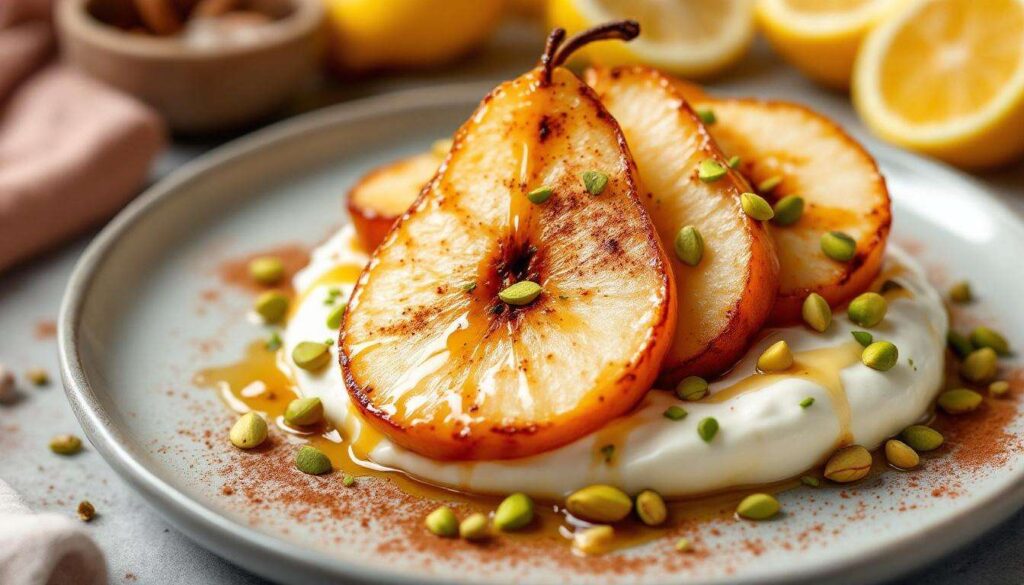 Pere caramellate con yogurt e pistacchi: il dessert veloce che fa scena