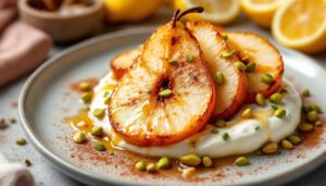 Pere caramellate con yogurt e pistacchi: il dessert veloce che fa scena
